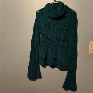 Say What? Teal Openwork Cowl Neck Sweater